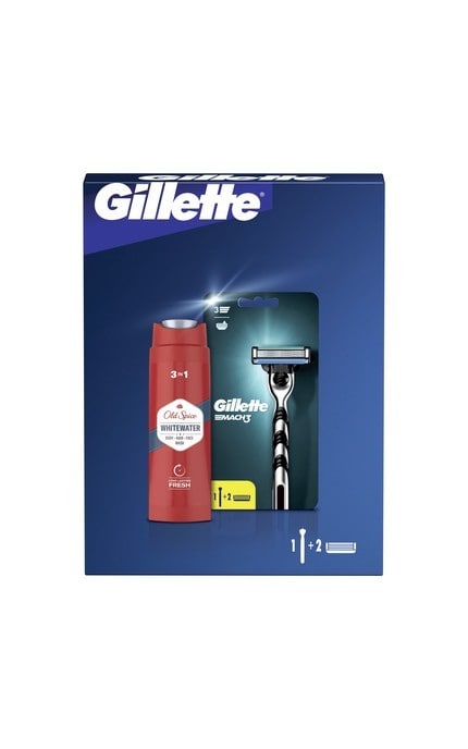 GILLETTE MACH 3-Подарочный набор для бритья мужской Gillette Mach3 + 2 сменных лезвия + Гель для душа Old Spice 3-в-1 Whitewater 250 мл-8700216221047