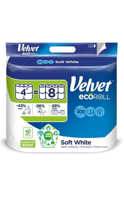 VELVET-Туалетная бумага Velvet Soft White ecoROLL 4 рулона, 3 слоя, 300 листов -5901478007780