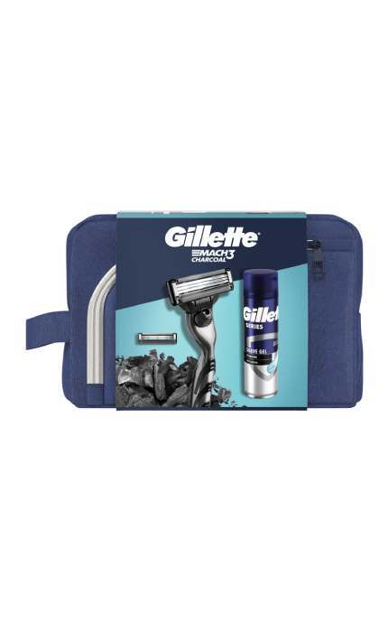 GILLETTE MACH 3-Подарунковий набір Gillette Mach3 Charcoal Станок для гоління чоловічий (бритва) з 2 змінними картриджами + Гель для гоління 200 мл + Косметичка -8700216534338