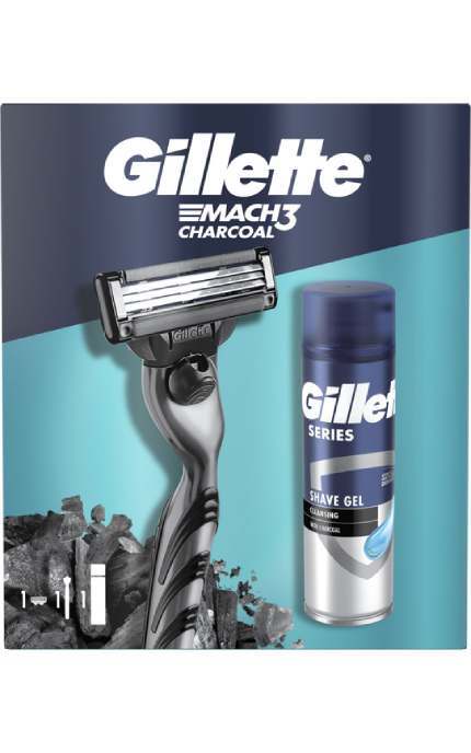 GILLETTE MACH 3-Подарочный набор Gillette Mach3 Станок для бритья мужской (бритва) Charcoal с 1 сменным картриджем + Гель для бритья 200 мл-8700216566469