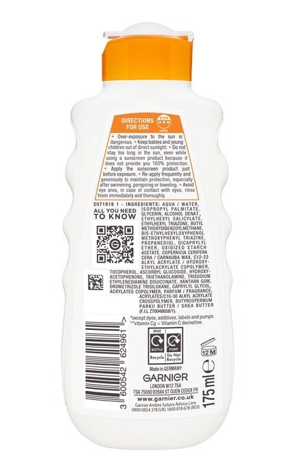 AMBRE SOLAIRE-Солнцезащитное водостойкое молочко для кожи тела и лица Garnier Ambre Solaire Увлажнение 24 часа с витамином С SPF 50+ 175 мл-3600541624245