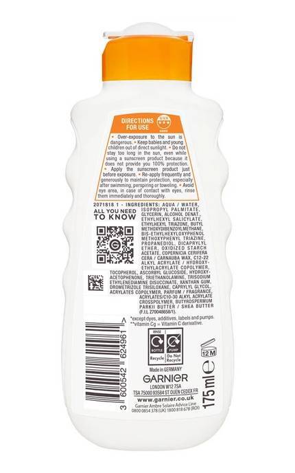 AMBRE SOLAIRE-Сонцезахисне молочко для тіла та обличчяGarnier Ambre Solaire Зволоження 24 години з вітаміном С SPF 50+ водостійке 175 мл-3600542624961