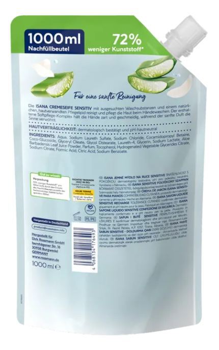 ISANA-Мило рідке Isana Cremeseife sensitiv 1000 мл-4068134176493