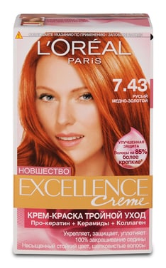 EXCELLENCE-Крем-фарба для волосся стійка L’Oreal Paris Excellence Creme відтінок 7.43 русявий мідно-золотий 1 шт-3600523781270-