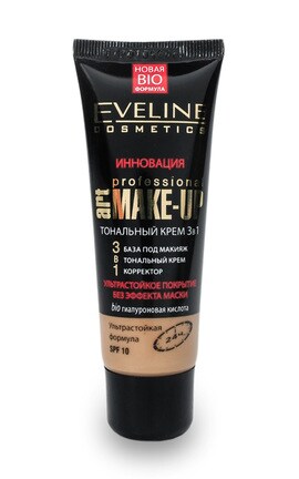 EVELINE-Тональна основа для обличчя Eveline Cosmetics 3 в 1 Art Professional Make Up SPF-10 Слонова кістка 30 мл-5901761993783-