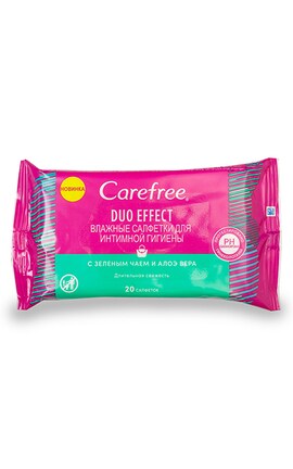CAREFREE-Серветки для інтимної гігієни Carefree Duo effect Зелений чай та алое вера вологі 20 шт-3574661506272-