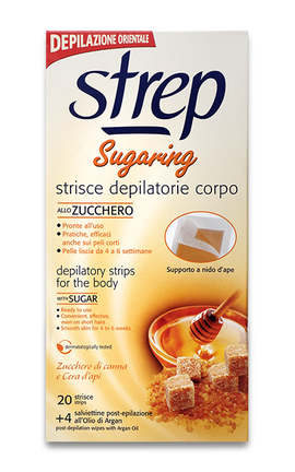 STREP-Воскові смужки для депіляції обличчя і зони бікіні Strep Sugaring Коричневий цукор і бджолиний віск 1 шт-8002340013384-