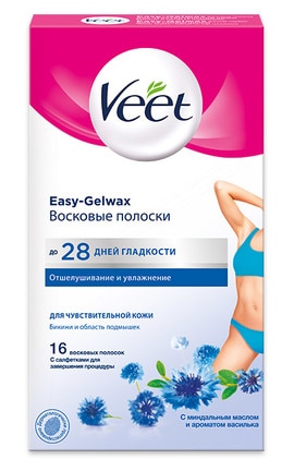 VEET-Восковые полоски для чувствительной кожи в области бикини и подмышек Veet Easy-Gelwax с миндальным маслом и ароматом василька 20 шт-4680012390977-