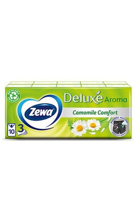 ZEWA-Паперові носові хустки Zewa Deluxe з ароматом ромашки, 3 шари, 10 упаковок по 10 шт-7322540098846-