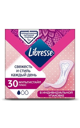 LIBRESSE-Прокладки женские ежедневные Libresse DailyFresh Multistyle Plus 30 шт-7322540757200-