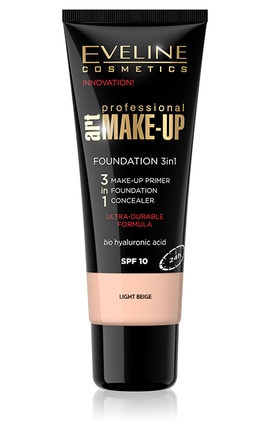 EVELINE-Ультрастійкий тональний крем для обличчя Eveline Cosmetics 3 в 1 Art Professional Make Up SPF-10 світлий бежевий 30 мл-5907609336682-