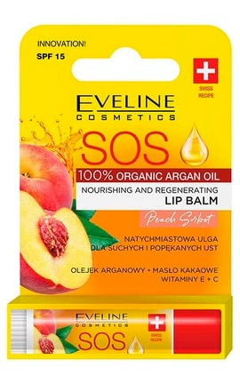 EVELINE-Поживно-відновлювальний бальзам для губ Eveline SOS 100% Organic Argan Oil Peach Sorbet -5903416061298-
