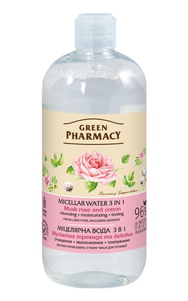 ЗЕЛЕНА АПТЕКА-Міцелярна вода Green Pharmacy 3в1 Мускатна троянда і бавовна 500 мл-8588006036947-