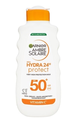 AMBRE SOLAIRE-Солнцезащитное водостойкое молочко для кожи тела и лица Garnier Ambre Solaire Увлажнение 24 часа с витамином С SPF 50+ 175 мл-3600541624245-