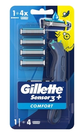 GILLETTE SENSOR-Станок для бритья мужской (бритва) Gillette Sensor 3+ с 4 сменными картриджами-8700216639484-