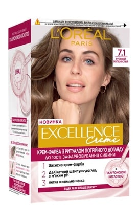 EXCELLENCE-Крем-краска для волос устойчивая L’Oreal Paris Excellence Creme оттенок 7.1 русый пепельный 1 шт-3600524094034-