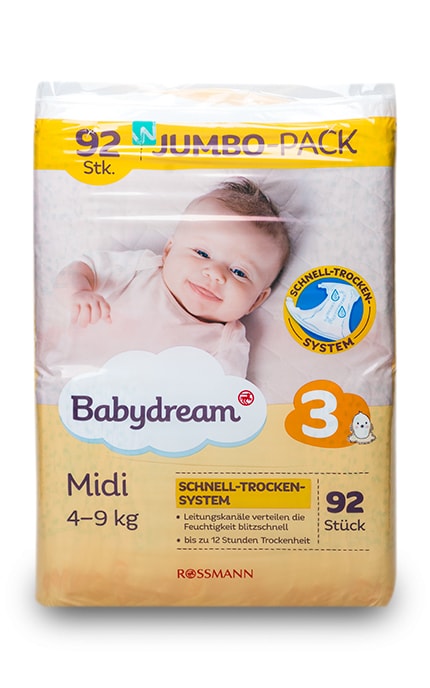 Подгузники детские Babydream Midi Jumbo-pack размер 3 4-9 кг 92 шт