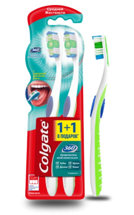 COLGATE-Багатофункціональна антибактеріальна зубна щітка Colgate 360 , середньої жорсткості, 1 + 1 -4606144007347