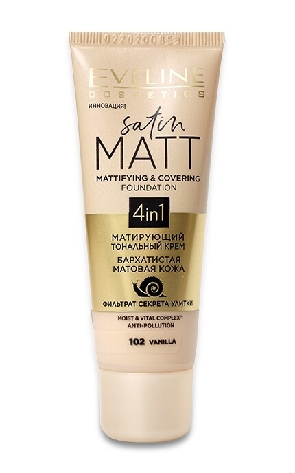 Тональный крем для лица Eveline Cosmetics Satin Matt 4in1 матирующий тон 102 Vanilla 30 мл