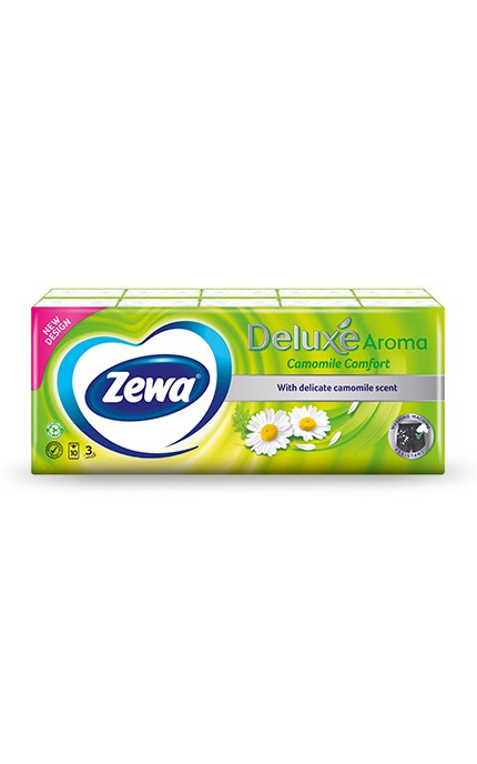 ZEWA-Паперові носові хустки Zewa Deluxe з ароматом ромашки, 3 шари, 10 упаковок по 10 шт.-7322540098846