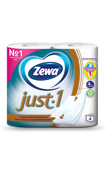ZEWA-Туалетная бумага Zewa Just 1 белая, 4 слоя, 4 рулона-7322540833140