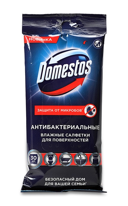 DOMESTOS-Влажные салфетки Domestos Антибактериальные для очищения поверхностей, 30 шт.-8714100773093