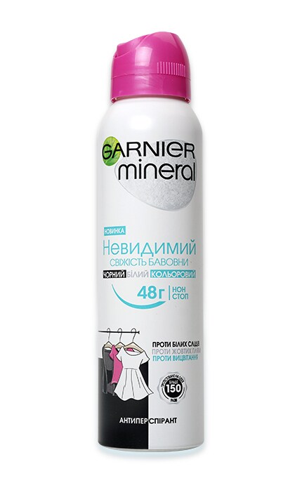 GARNIER-Дезодорант-спрей жіночий Garnier Mineral Невидимий, Свіжість бавовни 48 годин Нон стоп-3600542310468