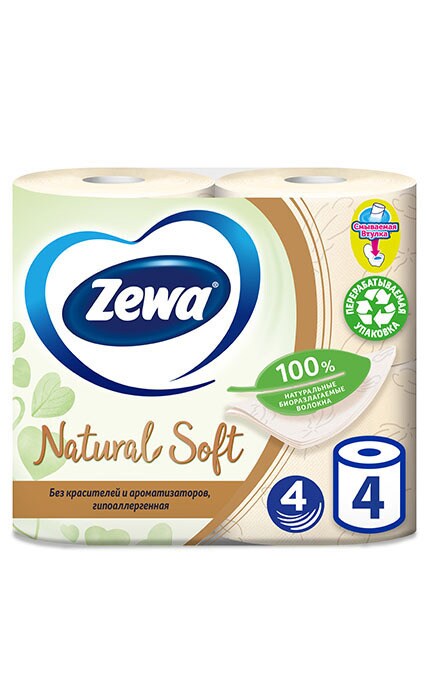 Туалетная бумага Zewa Natural Soft, 4 слоя, 2 шт