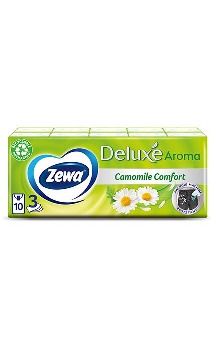 Бумажные носовые платки Zewa Deluxe с ароматом ромашки, 3 слоя, 10 упаковок по 10 шт.