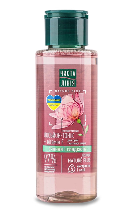 ЧИСТА ЛІНІЯ-Лосьон-тоник для лица для сухой и чувствительной кожи Чиста Лінія Сияние и гладкость +витамин Е 100 мл-8720633011380