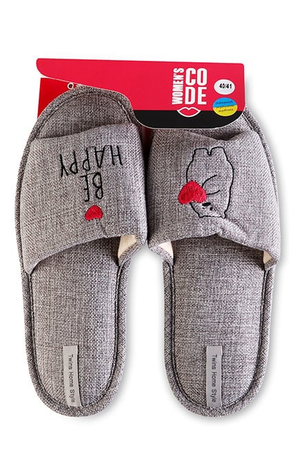 WOMEN'S CODE-Тапочки открытые домашние с вышивкой рогожка Women's Code №9021 40-41 gray-4820182037313