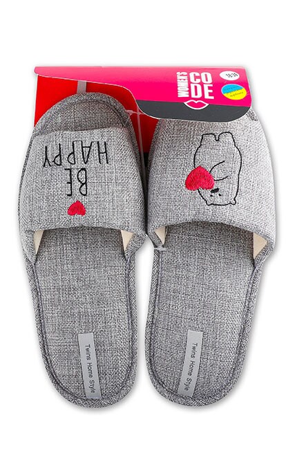 WOMEN'S CODE-Тапочки открытые домашние с вышивкой рогожка Women's Code №9021 38-39 gray-4820182037306