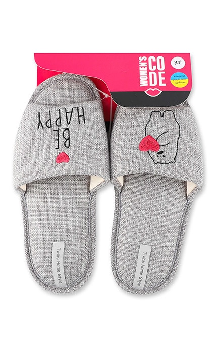 WOMEN'S CODE-Тапочки открытые домашние с вышивкой рогожка Women's Code №9019 36-37 gray-4820182037290