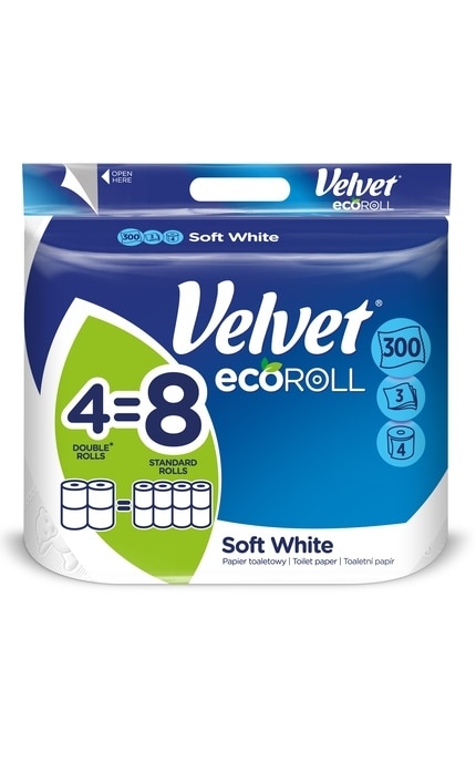 VELVET-Туалетная бумага Velvet Soft White ecoROLL 4 рулона, 3 слоя, 300 листов -5901478007780