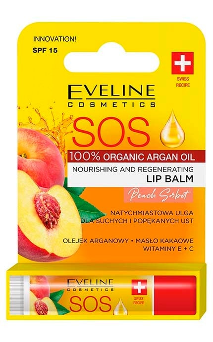 EVELINE-Питательно-восстанавливающий бальзам для губ Eveline SOS 100% Organic Argan Oil Peach Sorbet -5903416061298