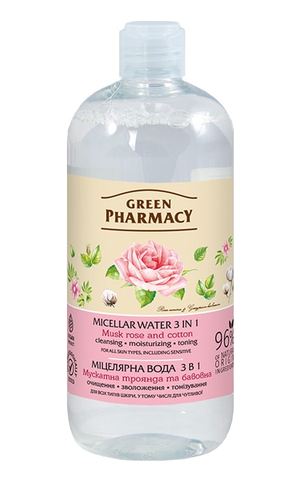 ЗЕЛЕНА АПТЕКА-Міцелярна вода Green Pharmacy 3в1 Мускатна троянда і бавовна 500 мл-8588006036947