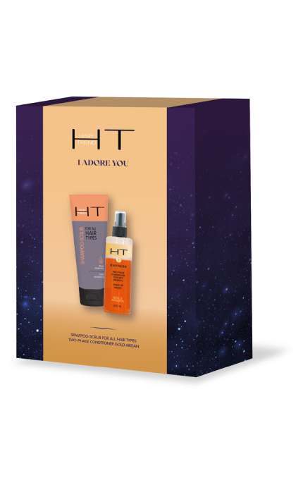 HAIR TREND-Подарунковий набір для догляду за волоссям Hair Trend I Adore You Шампунь-скраб 250 мл + Двофазний кондиціонер Gold Argana 200 мл-4820185227971
