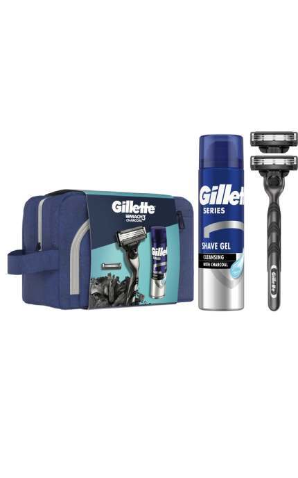 GILLETTE MACH 3-Подарунковий набір Gillette Mach3 Charcoal Станок для гоління чоловічий (бритва) з 2 змінними картриджами + Гель для гоління 200 мл + Косметичка -8700216534338