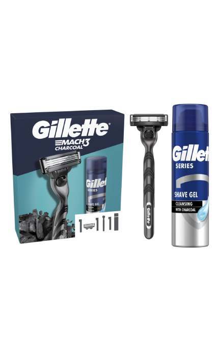 GILLETTE MACH 3-Подарочный набор Gillette Mach3 Станок для бритья мужской (бритва) Charcoal с 1 сменным картриджем + Гель для бритья 200 мл-8700216566469