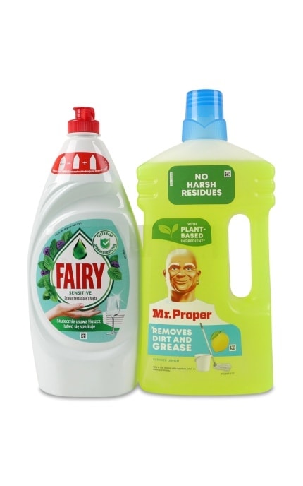 FAIRY-Засіб для миття посуду Fairy Чайне дерево та м'ята 900 мл + Засіб для підлоги та стін Mr.Proper Літній лимон 1 л-8700216906036