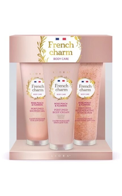 LIORA-Набір косметичний Liora French Charm Rose Peach & Flowers Гель для душу 125 мл + Скраб для тіла 125 мл + Крем для тіла 125 мл-4823106004156