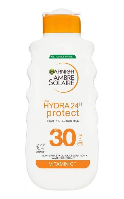 AMBRE SOLAIRE-Сонцезахисне водостійке молочко Garnier Ambre Solaire Hydra 24h Protect High Protection Milk SPF30 Зволоження 24 години 175 мл-3600542624916