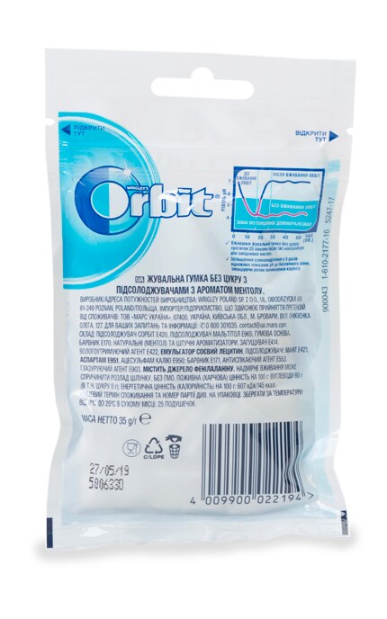 ORBIT-Жевательная резинка Orbit без сахара с ароматом ментола-4009900022194