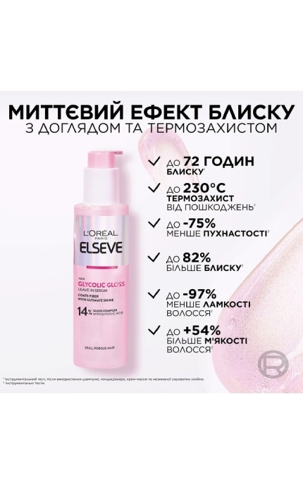 ELSEVE-Незмивна сироватка L'Oréal Paris Elseve Glycolic Gloss для надання блиску та пом’якшення волосся 150 мл -3600524143909