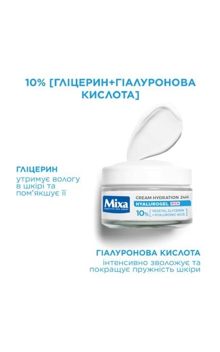 MIXA-Увлажняющий крем Mixa Hyalurogel Rich для сухой и очень сухой чувствительной кожи лица 50 мл-3600550934922